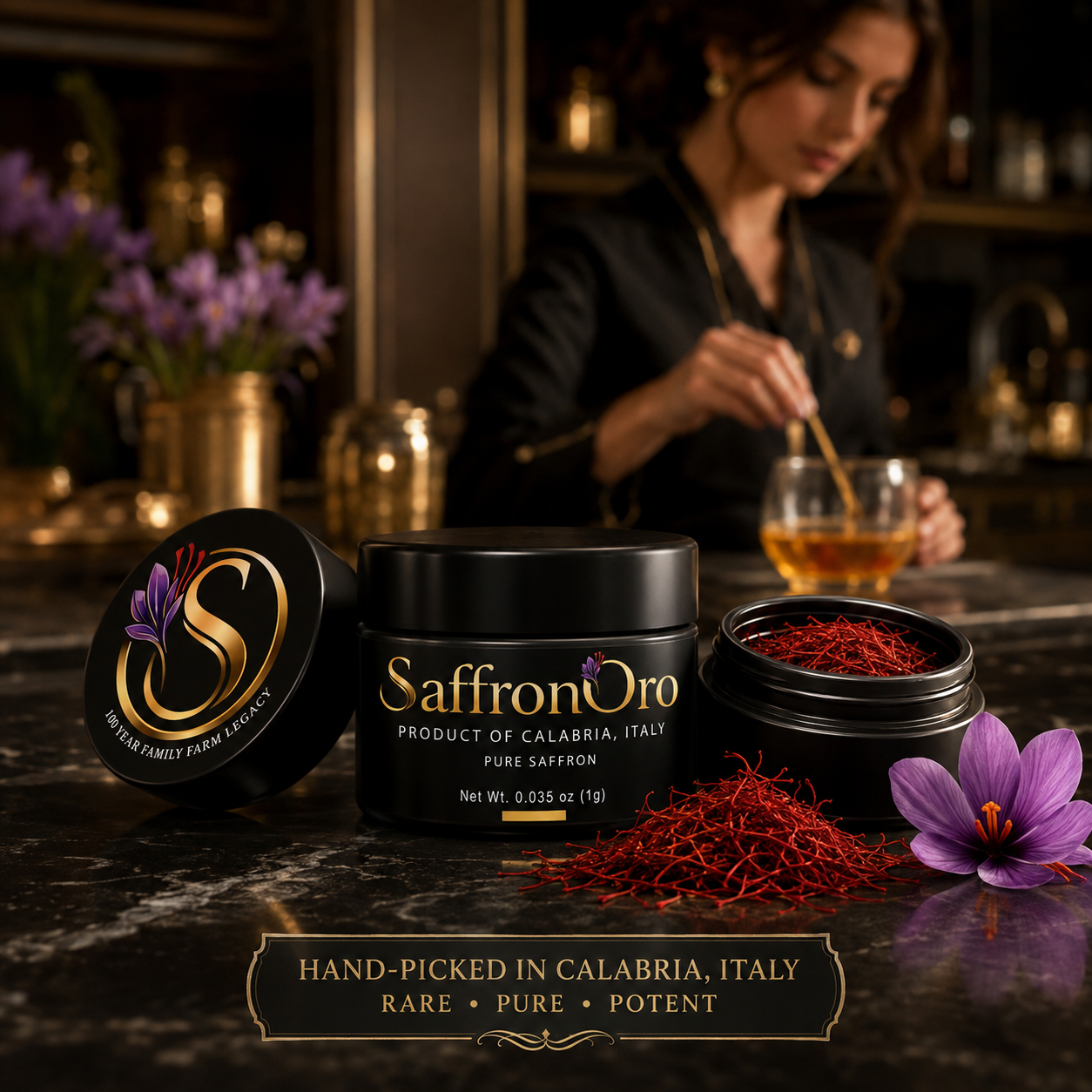 Pure Italian saffron threads in a 1 gram jar