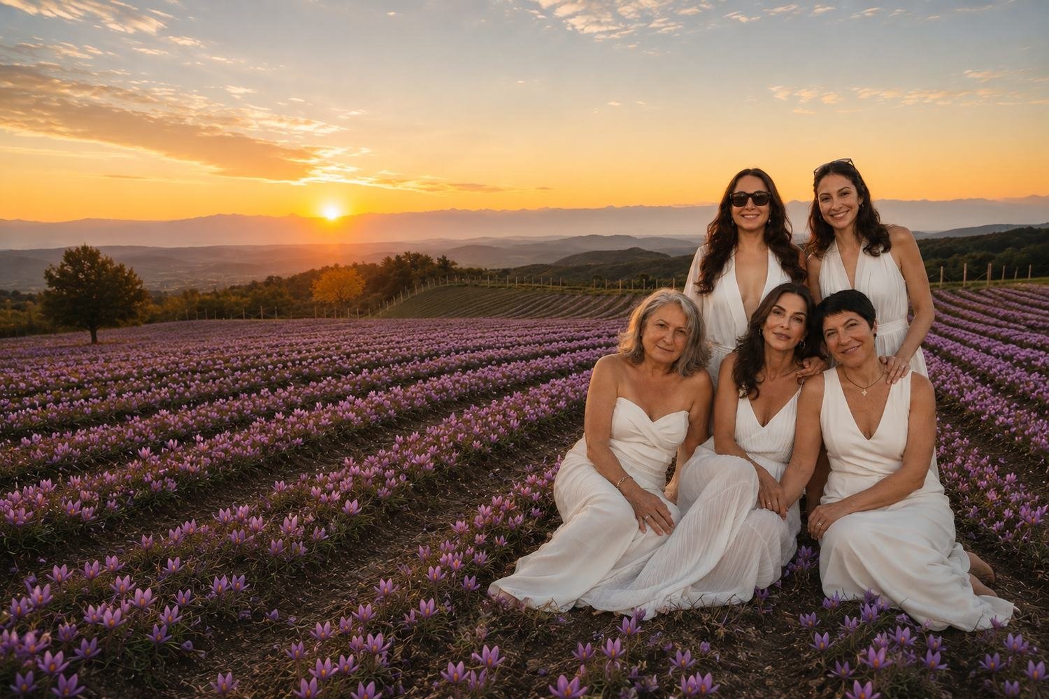 Four women in ivory dresses seated among blooming saffron crocuses at sunset in Calabria